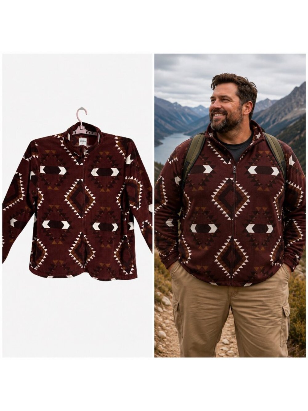 Sonoma Goods For Life Mens XXL Fleece Jacket Aztec Pattern Burgundy Southwestern